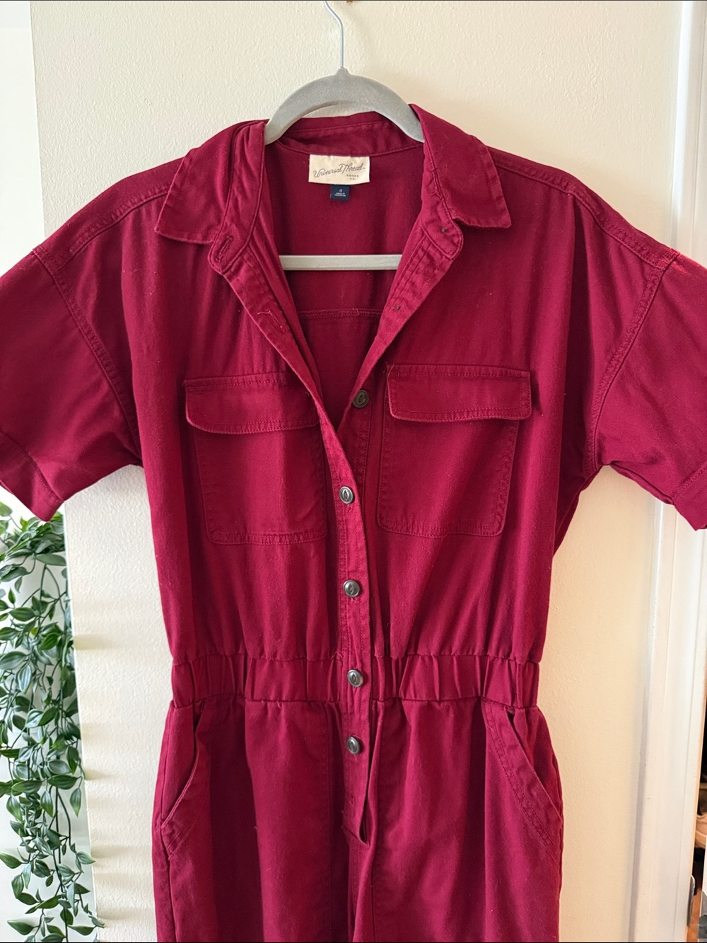 Burgundy Button-Front Jumpsuit
